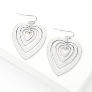 Silver Layered Heart Dangle Earrings Cutout Hammered Metal Drop Design